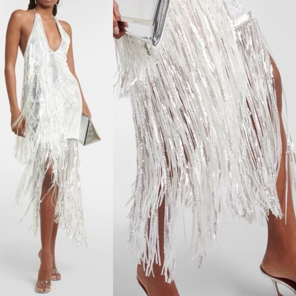 Rotate Birger Christensen Sequin Metallic Fringe Sleeveless Dress Silver Size 10 - Picture 5 of 16